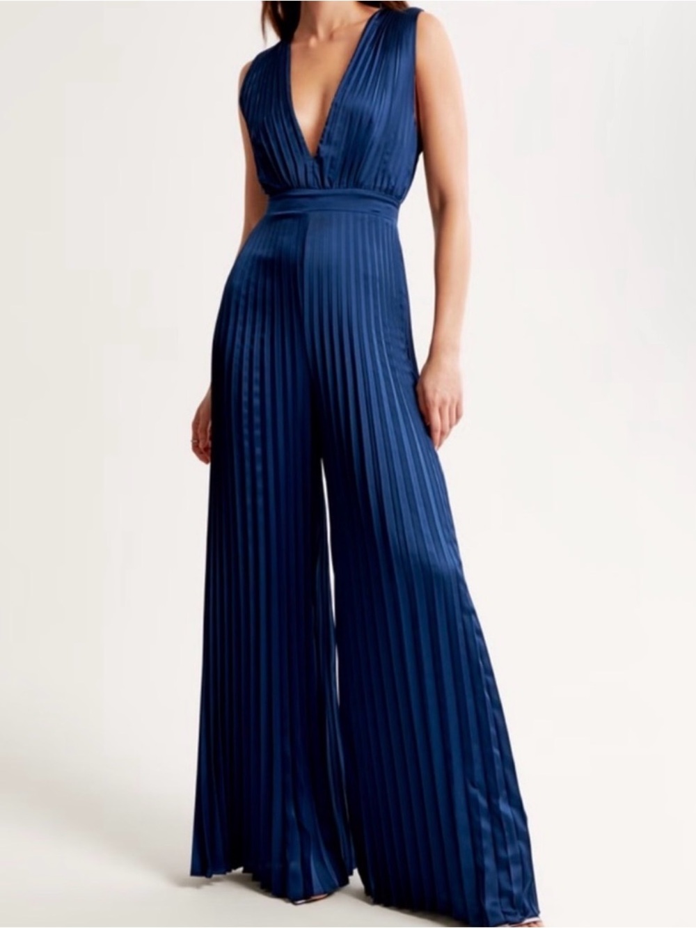 Abercrombie & Fitch Navy Plunging V-Neck Pleated Jumpsuit